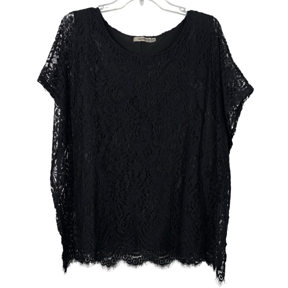 Ana & Kate Black Lace Poncho Fit Lined Blouse Top Plus Size Stretchy 2X Dark